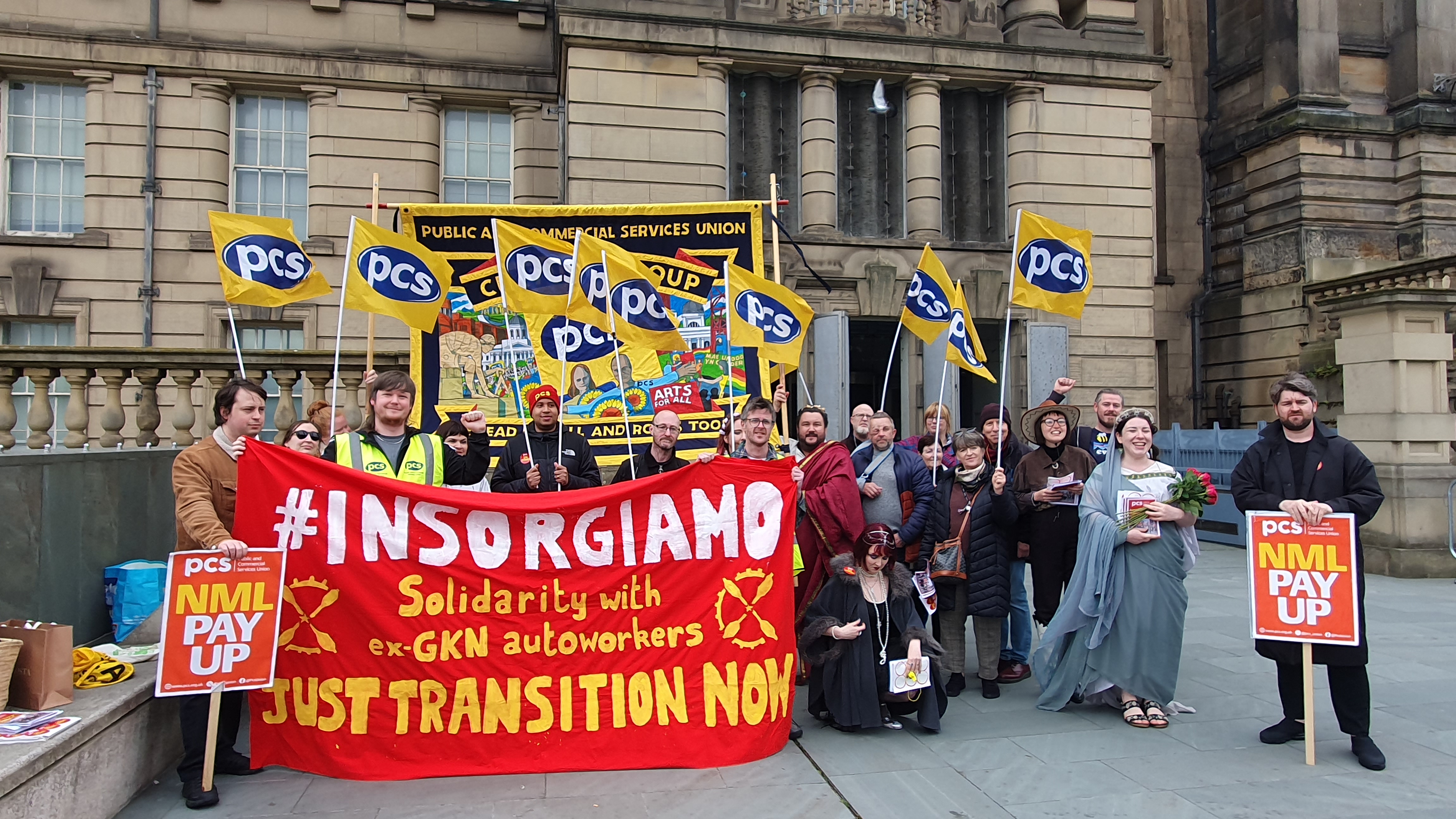 Striking National Museum Liverpool workers showing solidarity with Italian GKN workers fighting for a worker-led Just Transition (2024)